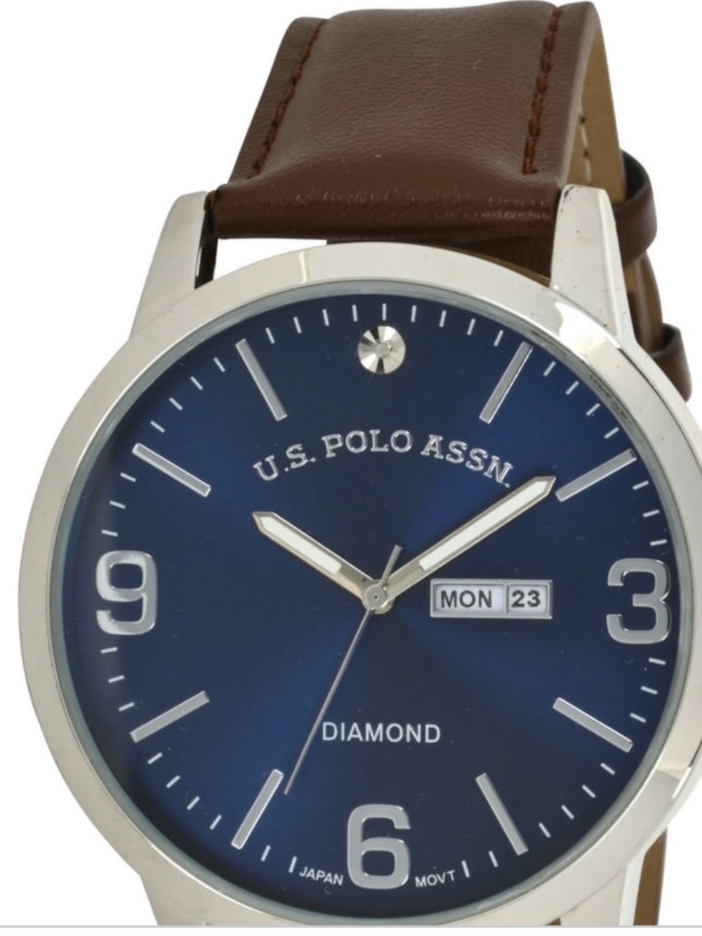 U.S. Polo Assn. Navy Dial Silver Case Brown Leather Strap Watch